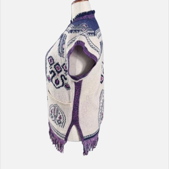 Anthropologie Angel of the North Wool Beige Plum Fringe Poncho Vest Cardigan - Picture 6 of 13